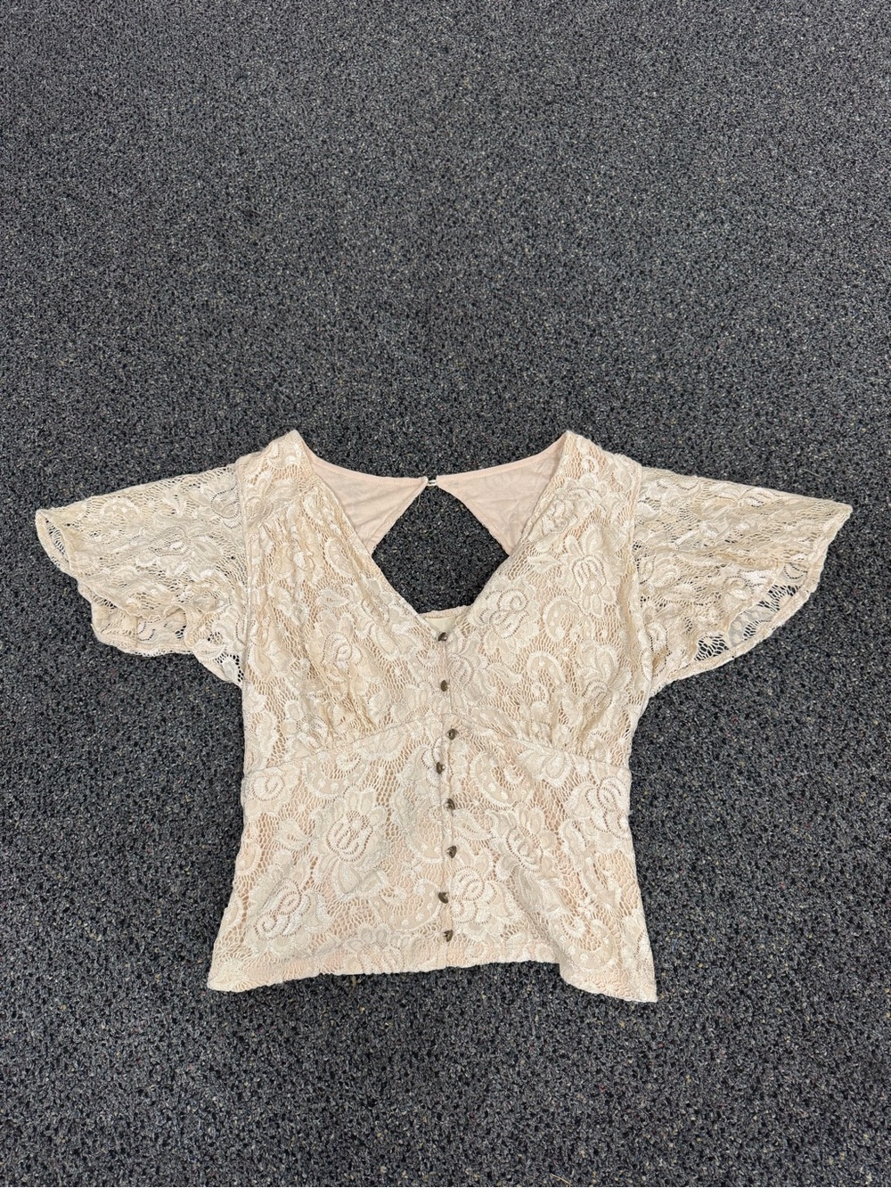 Anthropologie Cream Lace Flutter-Sleeve Button Front Top